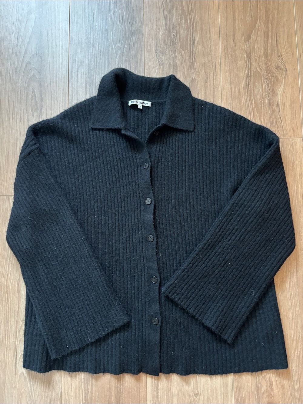 Reformation Black Ribbed Cashmere Button-Down Collared Cardigan